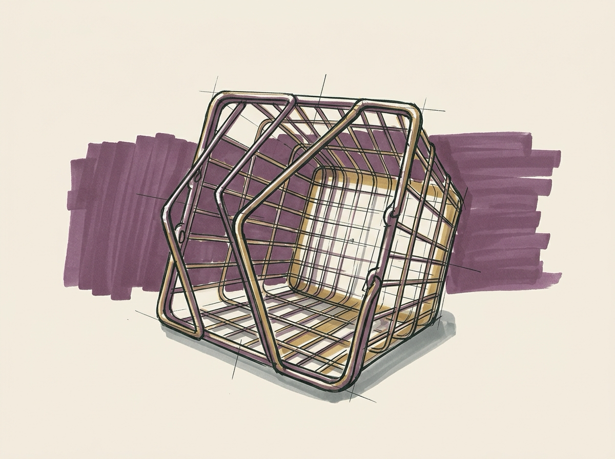 Marker sketch of a shipping carton with brass-cornered edges and its flaps open