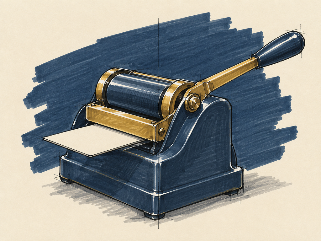 Marker sketch of a vintage manual card imprinter with its roller bar drawn back