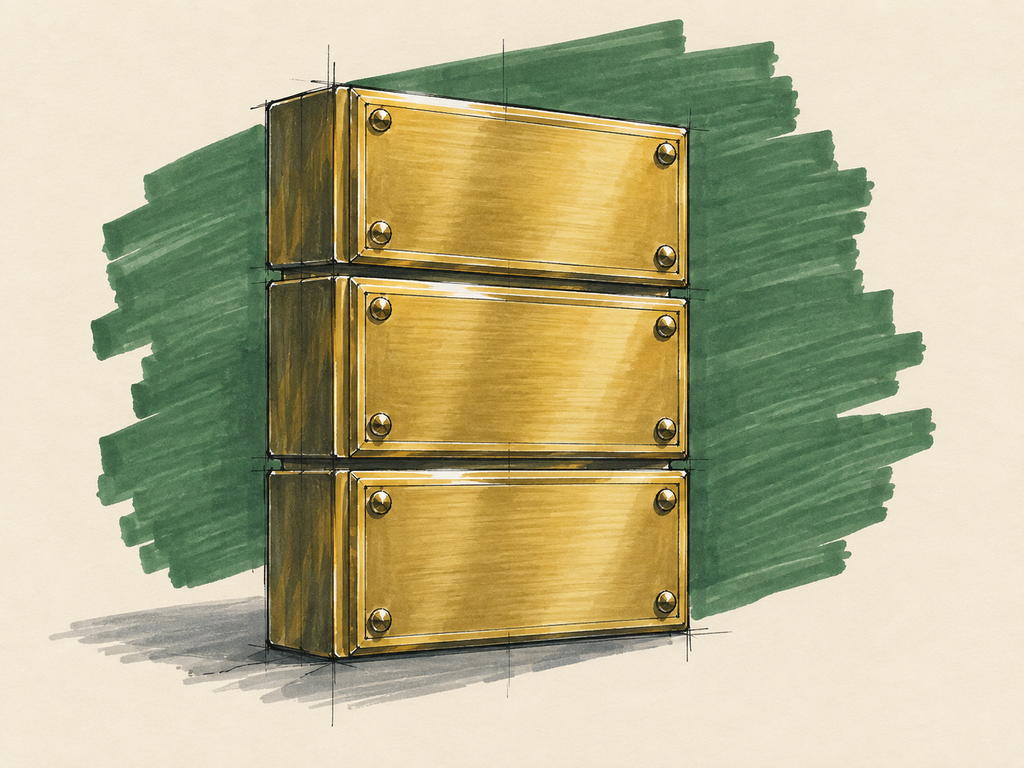 Marker sketch of three identical brass storefront plaques stacked squarely