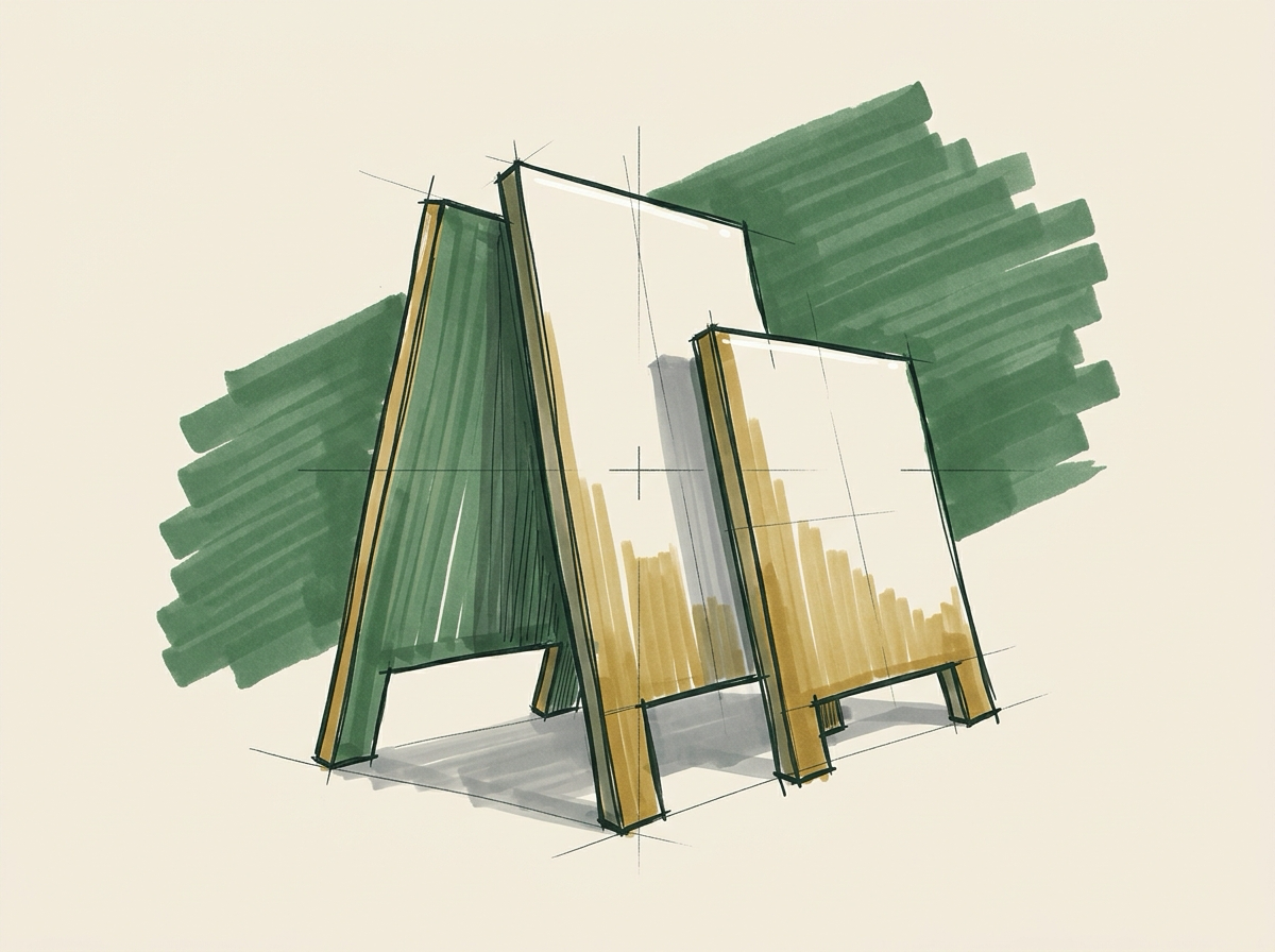 Marker sketch of three identical brass storefront plaques stacked squarely