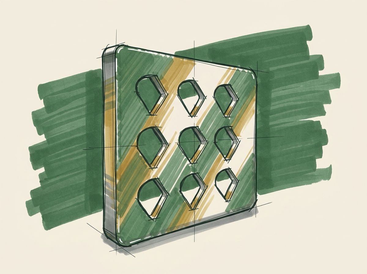 Marker sketch of three identical brass storefront plaques stacked squarely