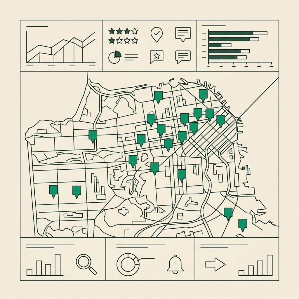 Line illustration of a multi-location franchise brand