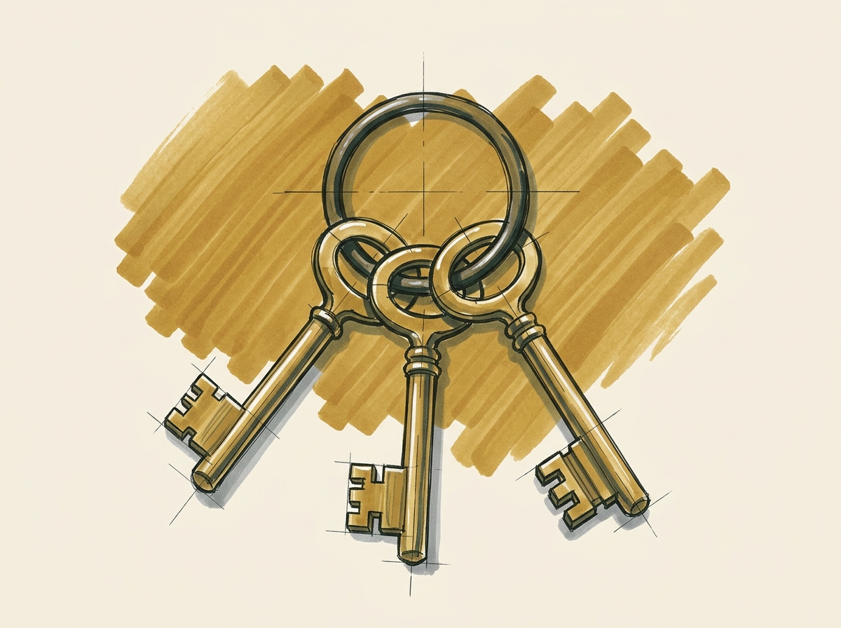 Marker illustration of a ring of three antique keys