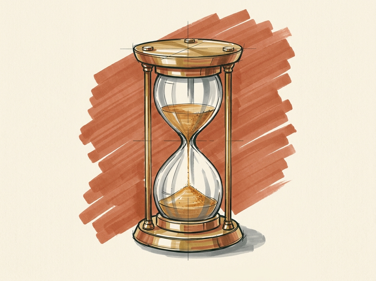 Marker illustration of a brass and glass hourglass, sand mid-flow