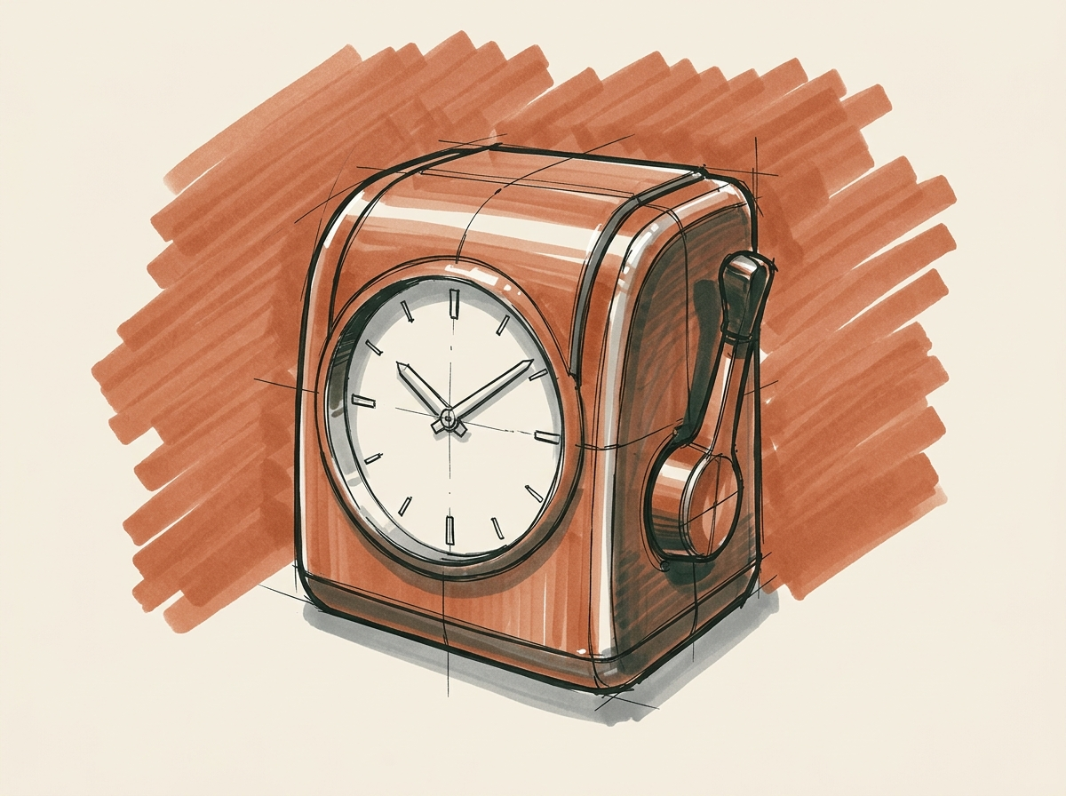 Marker illustration of a mechanical punch time clock