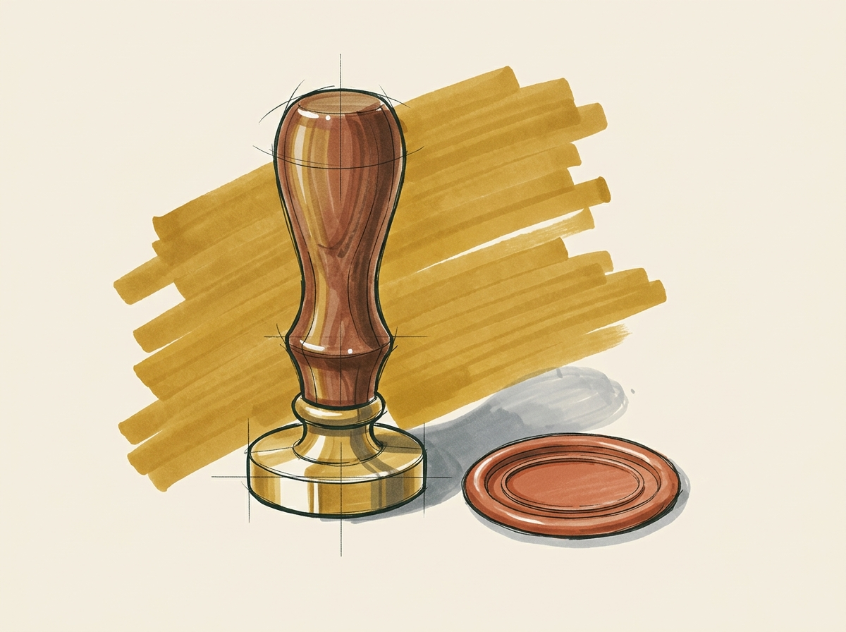 Marker illustration of a walnut signet seal beside a wax medallion