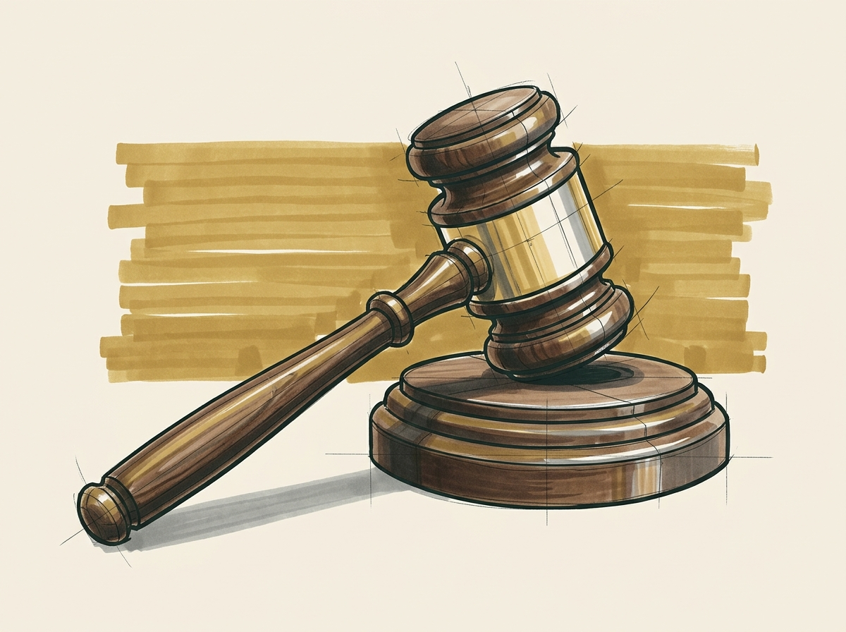 Marker illustration of a walnut judge's gavel on its sound block
