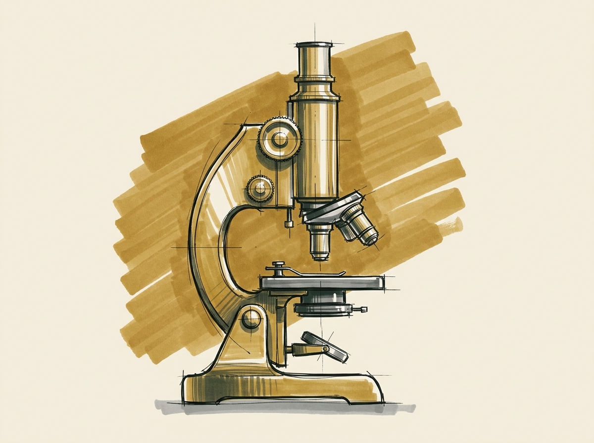 Marker illustration of a brass laboratory microscope