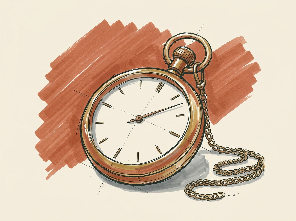 Marker illustration of a brass pocket stopwatch on its chain