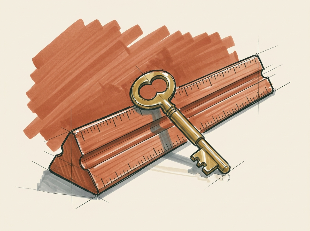 Marker illustration of an architect's scale ruler with a house key