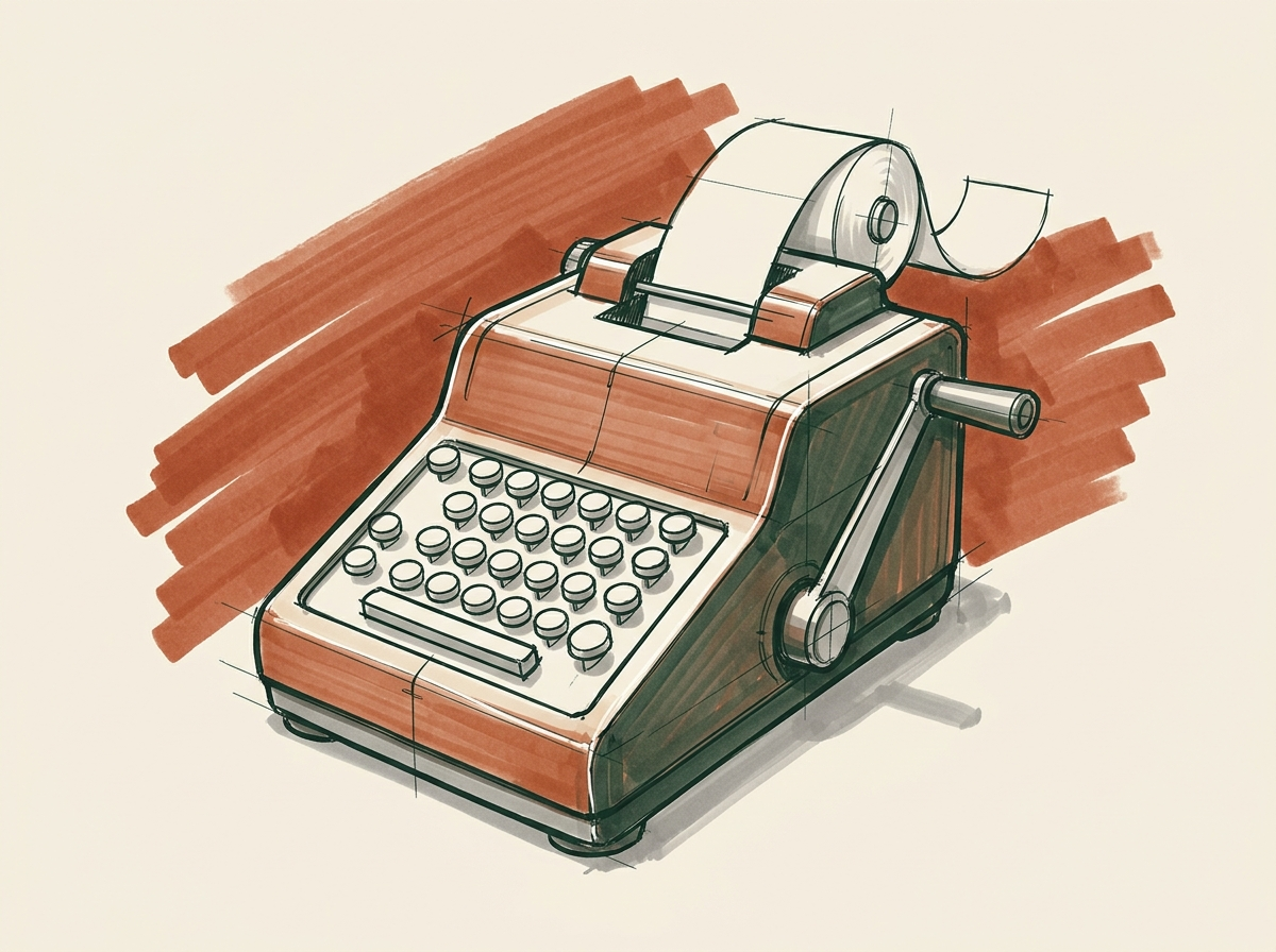 Marker illustration of a vintage mechanical adding machine
