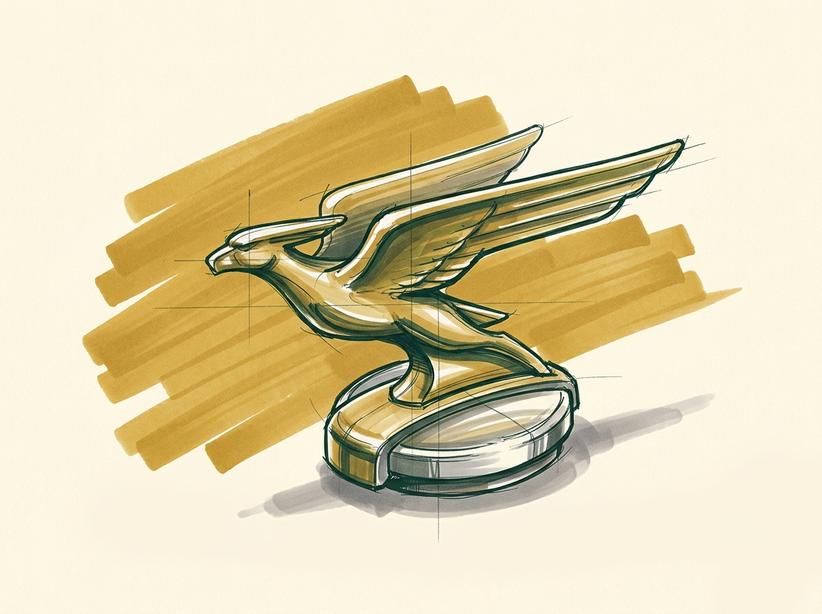 Marker illustration of an art deco automobile hood ornament