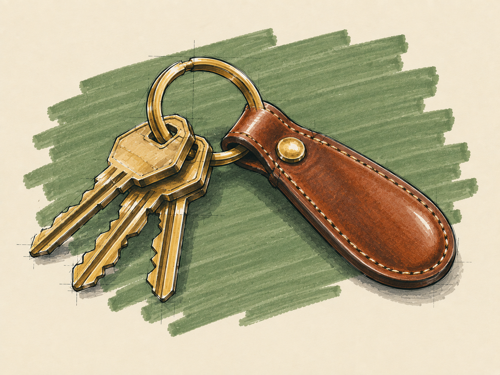Marker sketch of a ring of brass keys on a stitched leather fob
