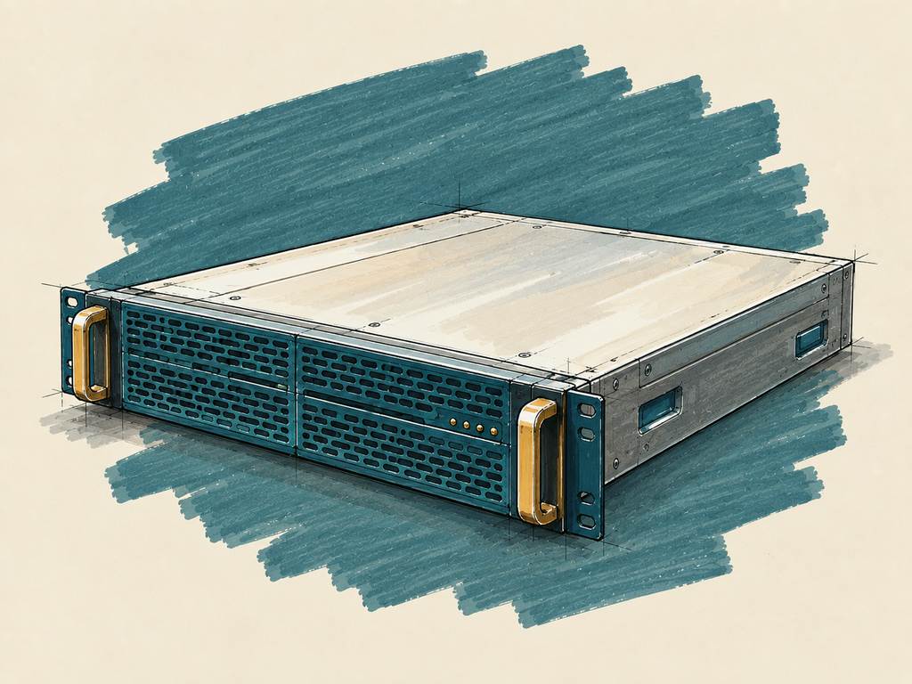 Marker sketch of a single rack-mount server unit with brass pull handles