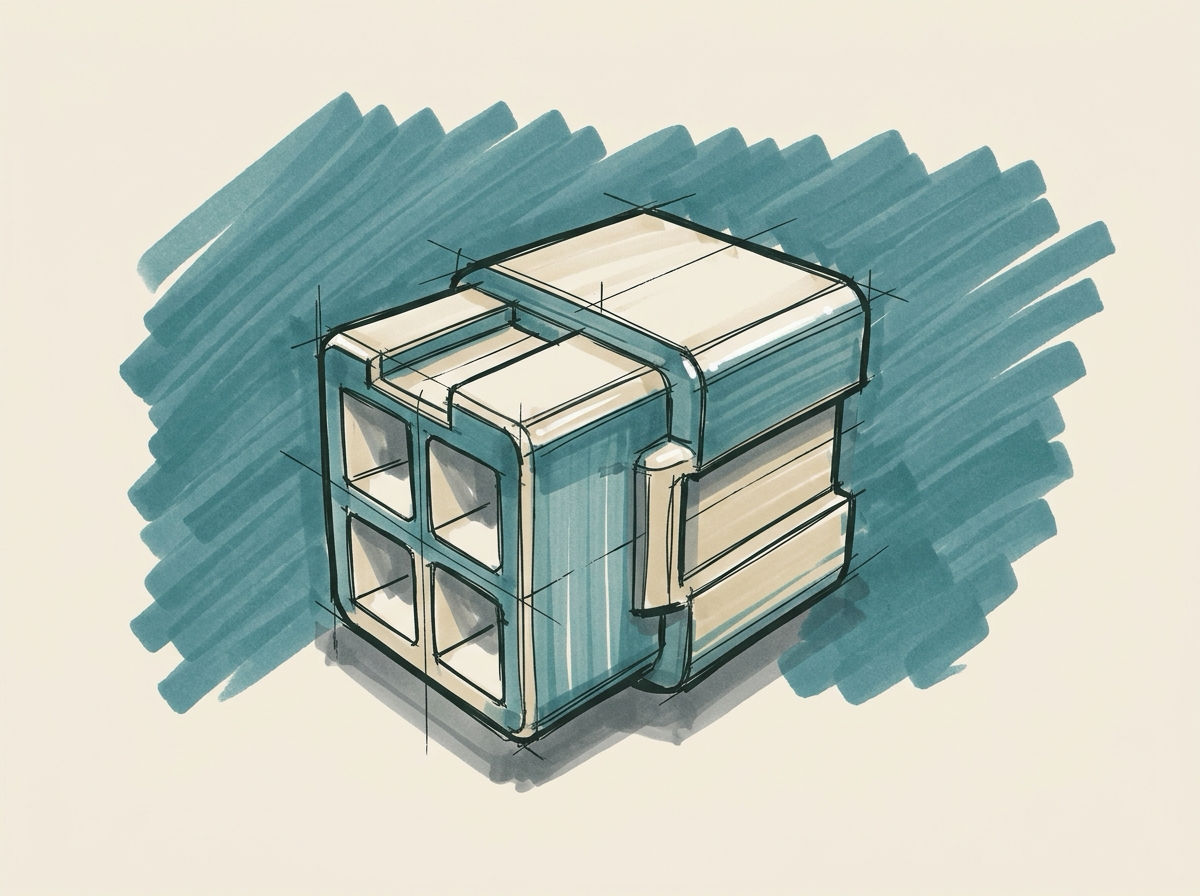 Marker sketch of a single rack-mount server unit with brass pull handles