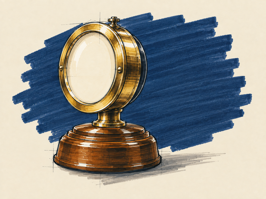 Marker sketch of a brass-cased desk barometer on a turned wooden base