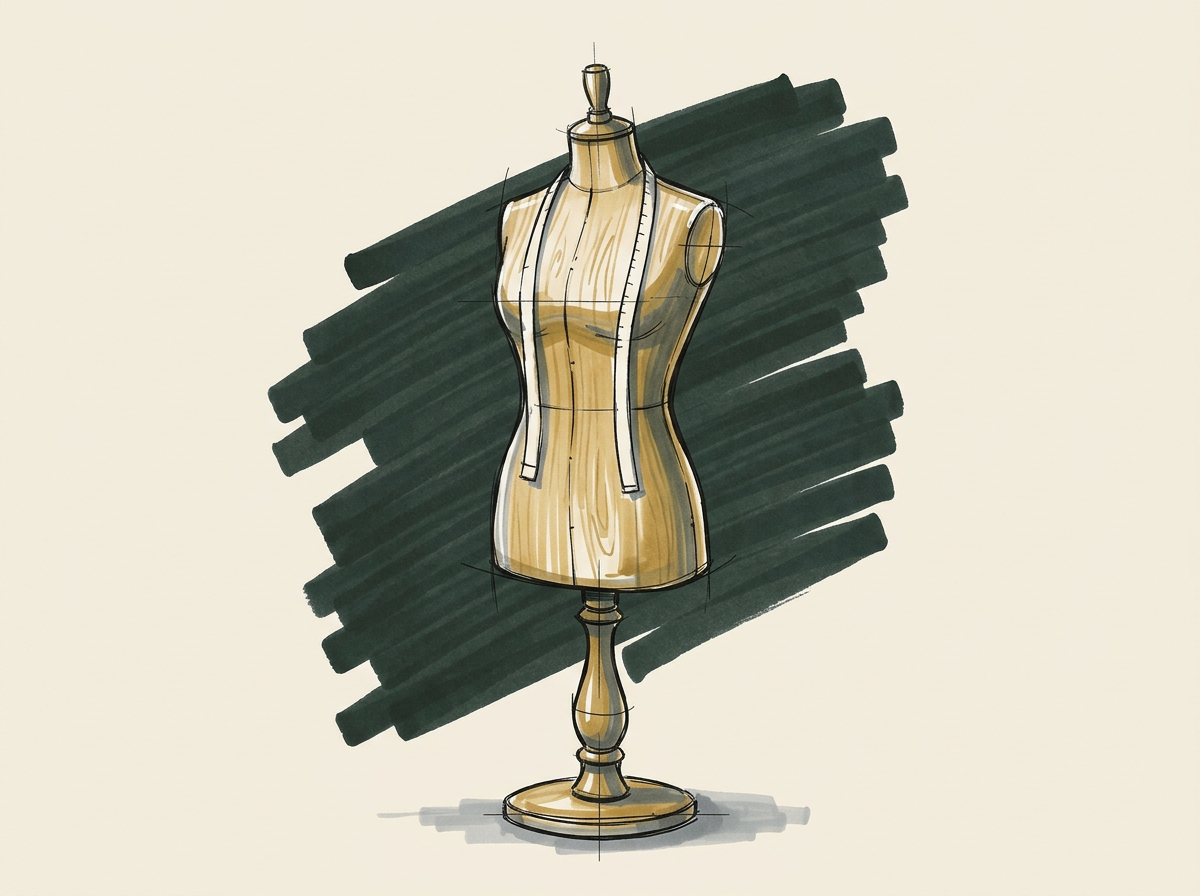 Marker sketch of a tailor's wooden dress form with a tape measure over one shoulder, a bespoke build made to fit