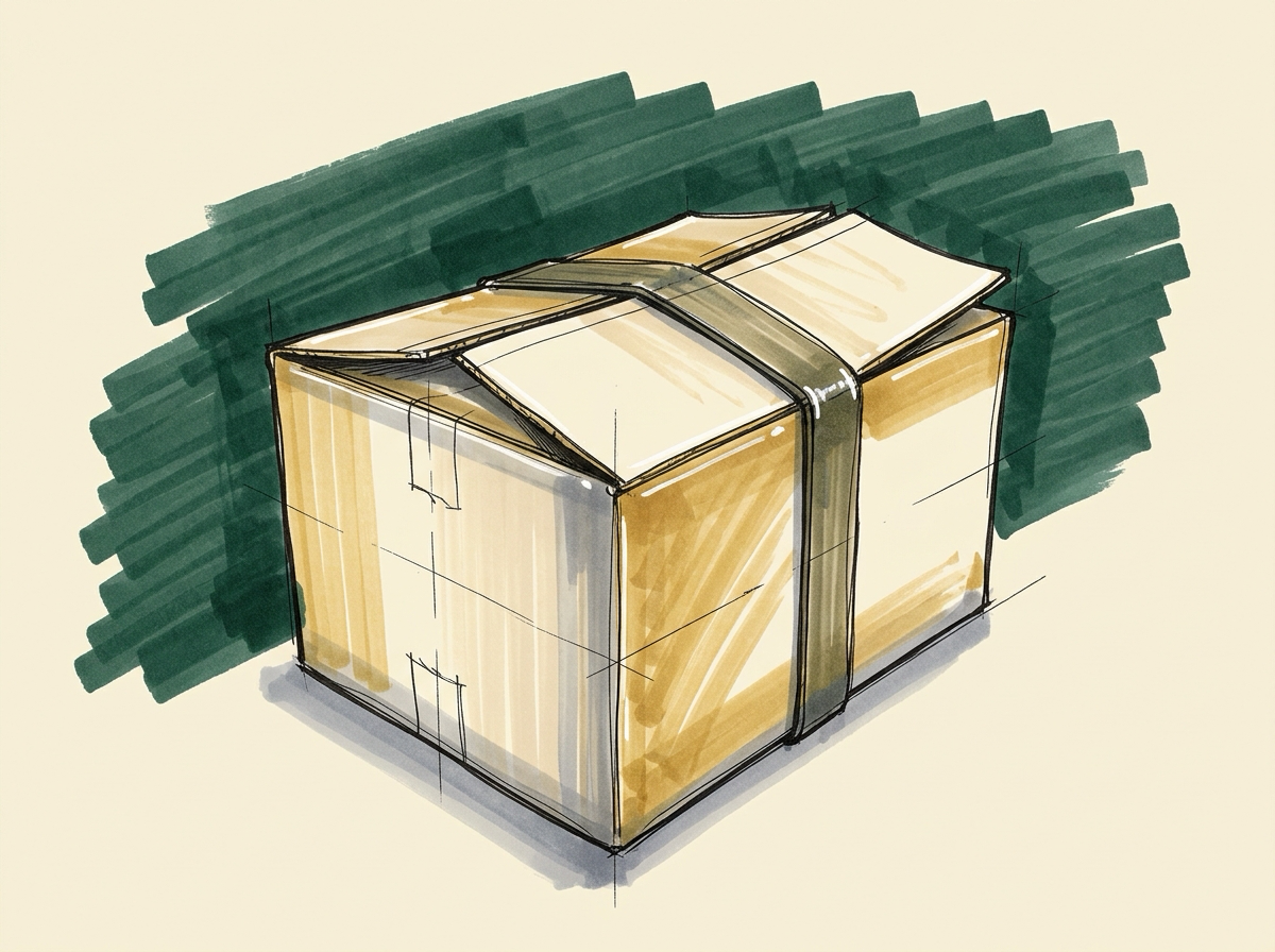 Marker sketch of a shipping box whose lid will not close, the strap straining against an off-the-shelf application that does not fit