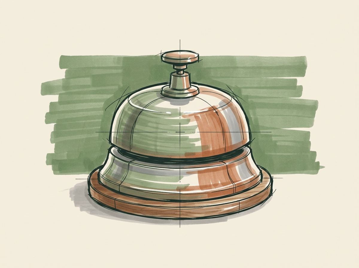 Marker drawing of a brass service desk bell on a wooden base, ready to be pressed, for intake that answers the moment someone reaches out