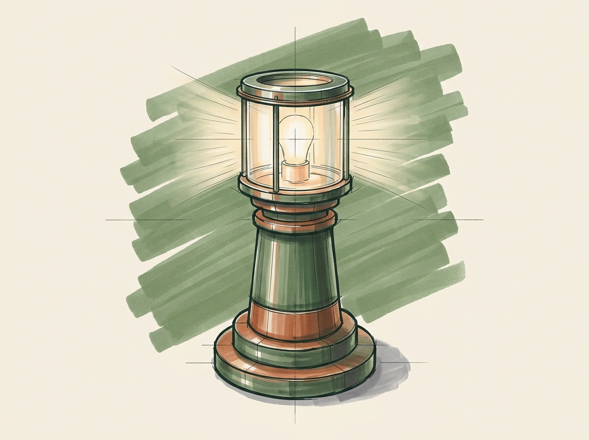Marker drawing of a small brass and glass lighthouse lamp shining in every direction, for one intake system serving four regulated fields