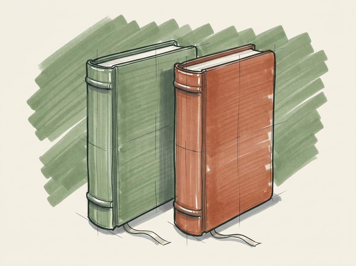 Marker drawing of two matched leather-bound books standing side by side, for the same system built in English and in Spanish
