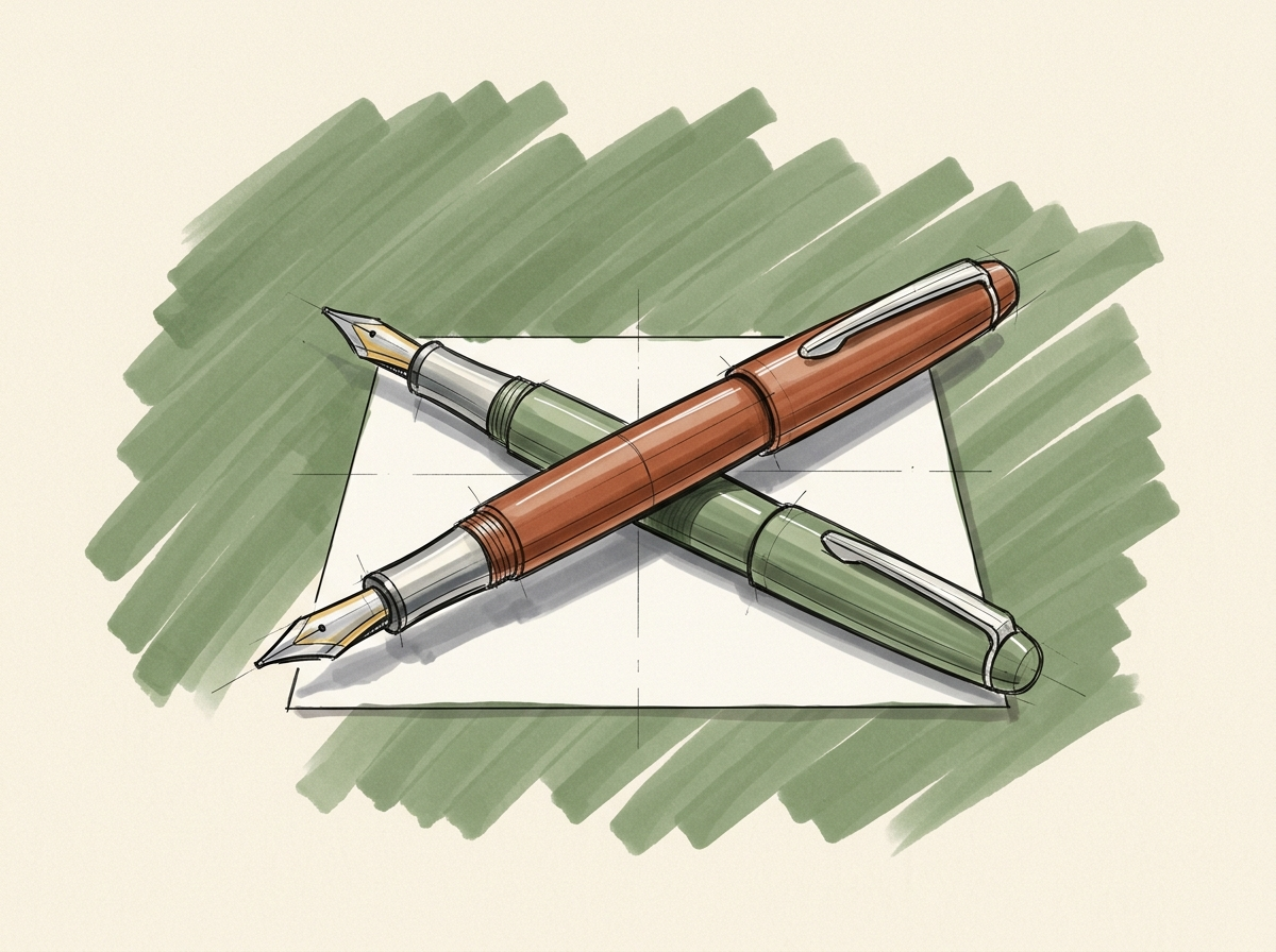 Marker drawing of two matched fountain pens crossed on a blank card, one in each accent color, for writing to clients in two languages at the same standard