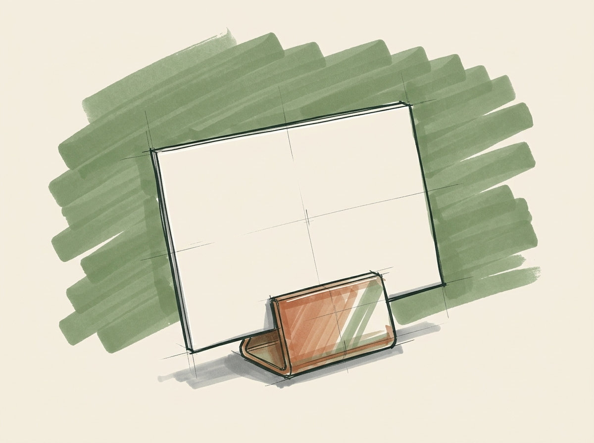 Marker drawing of a blank place card in a brass stand, a seat reserved and waiting for its guest, for a booked appointment that is kept