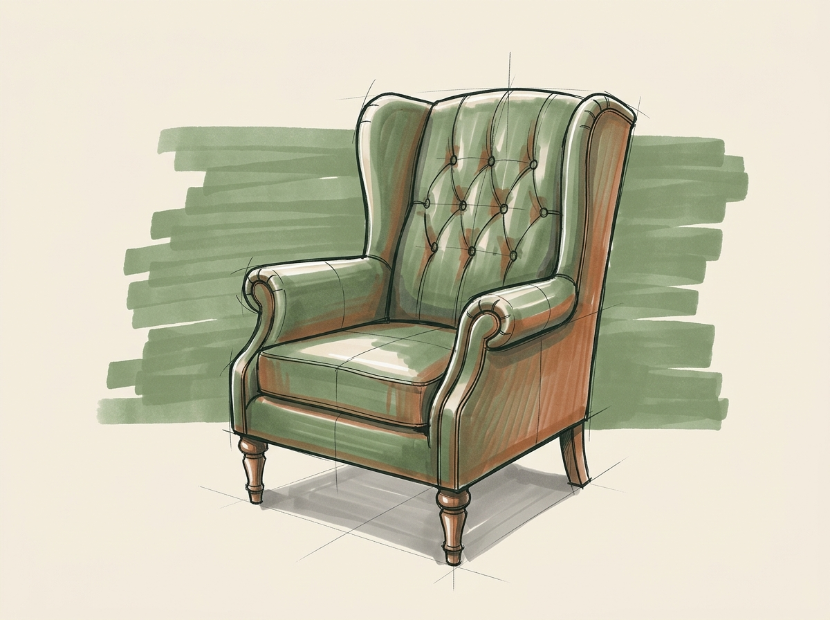 Marker drawing of a single upholstered wingback chair set out for a consult, for the scheduled conversation each field needs