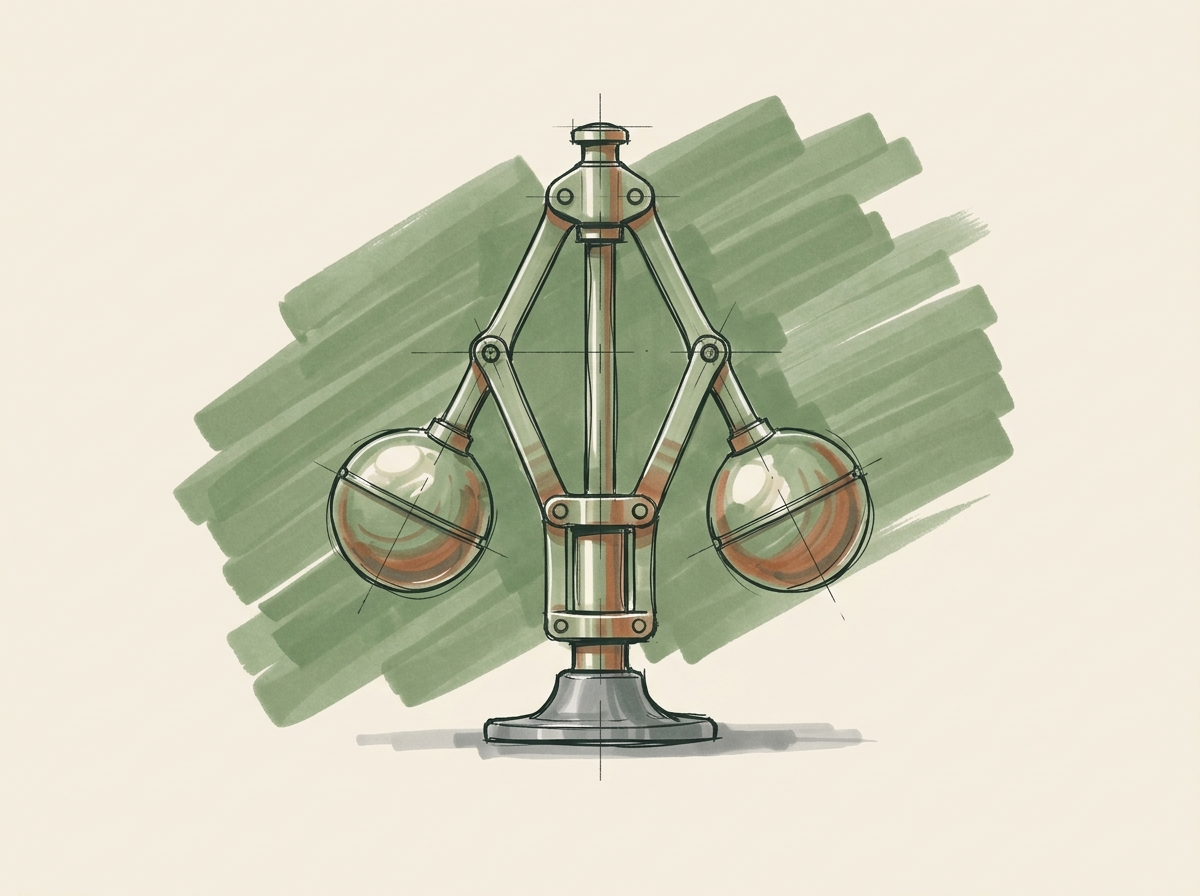 Marker drawing of a brass flyball governor from a steam engine, for rules built into the system so it regulates itself