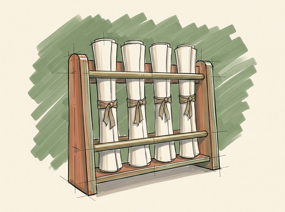 Marker drawing of a wooden rack holding four rolled scrolls, each tied with its own ribbon, for the separate rules each regulated field follows