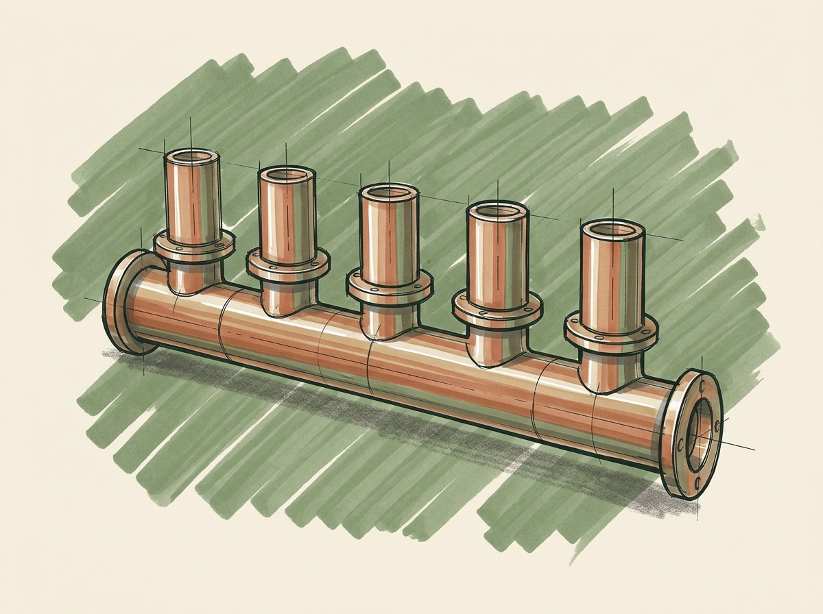 Marker drawing of a brass pipe manifold with five short pipes feeding one header pipe, for five lead sources joined into one pipeline