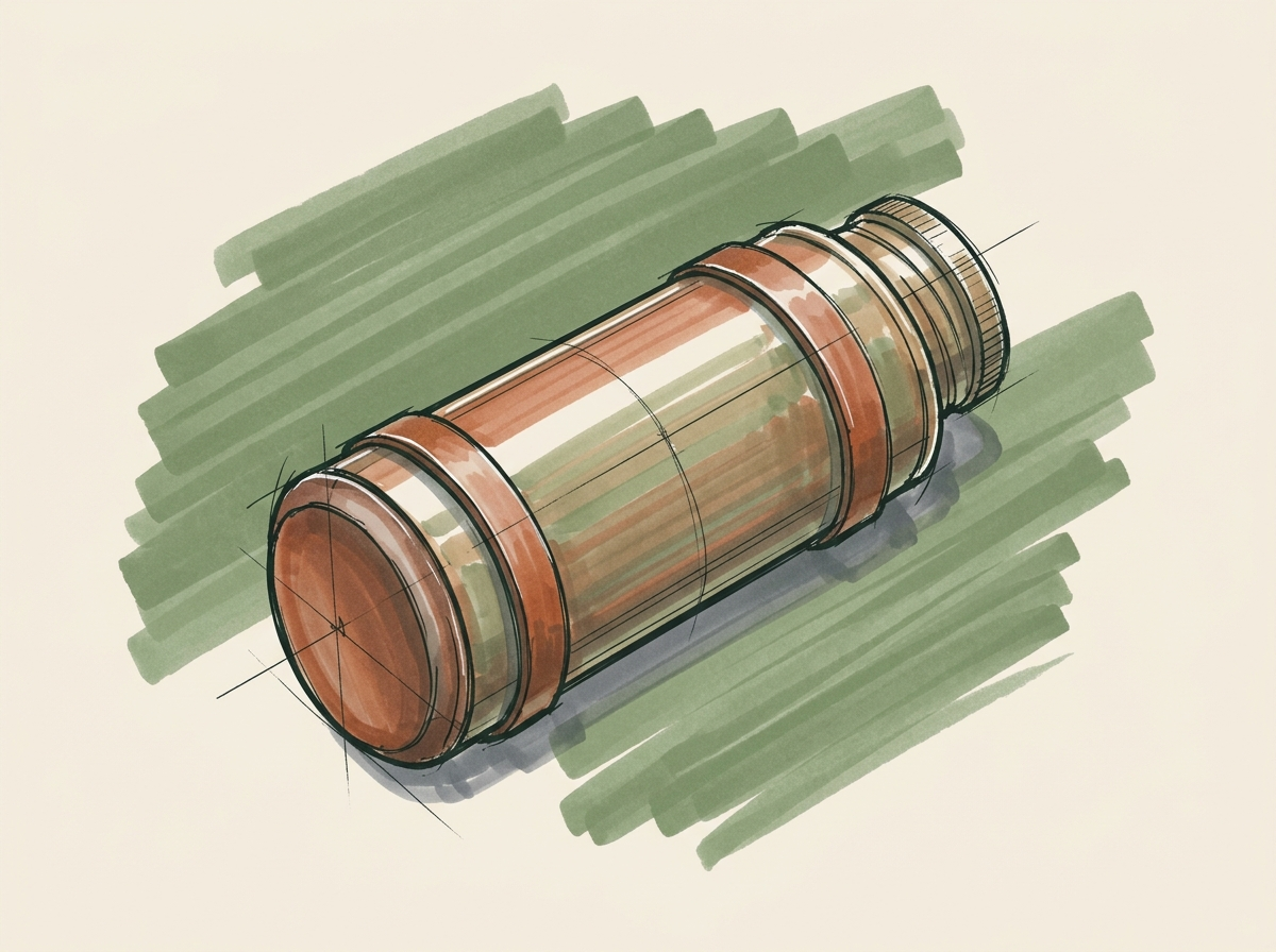 Marker drawing of a brass pneumatic tube message capsule, for each inquiry routed to the right place without being handled twice