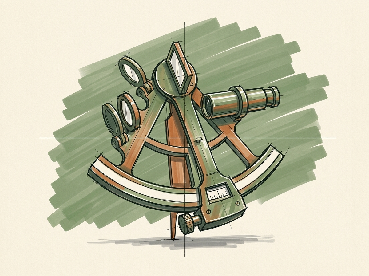 Marker drawing of a brass navigation sextant with a blank scale, for attribution built by measuring where each client came from