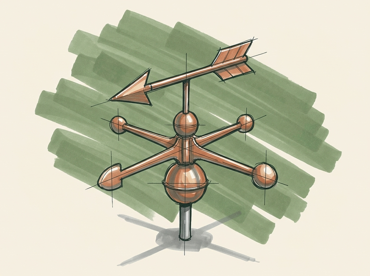 Marker drawing of a copper weathervane on an iron post, for reading which way the business is moving in each field