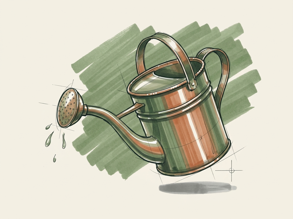 Marker drawing of a brass watering can about to pour, for bringing a cold contact list back to life