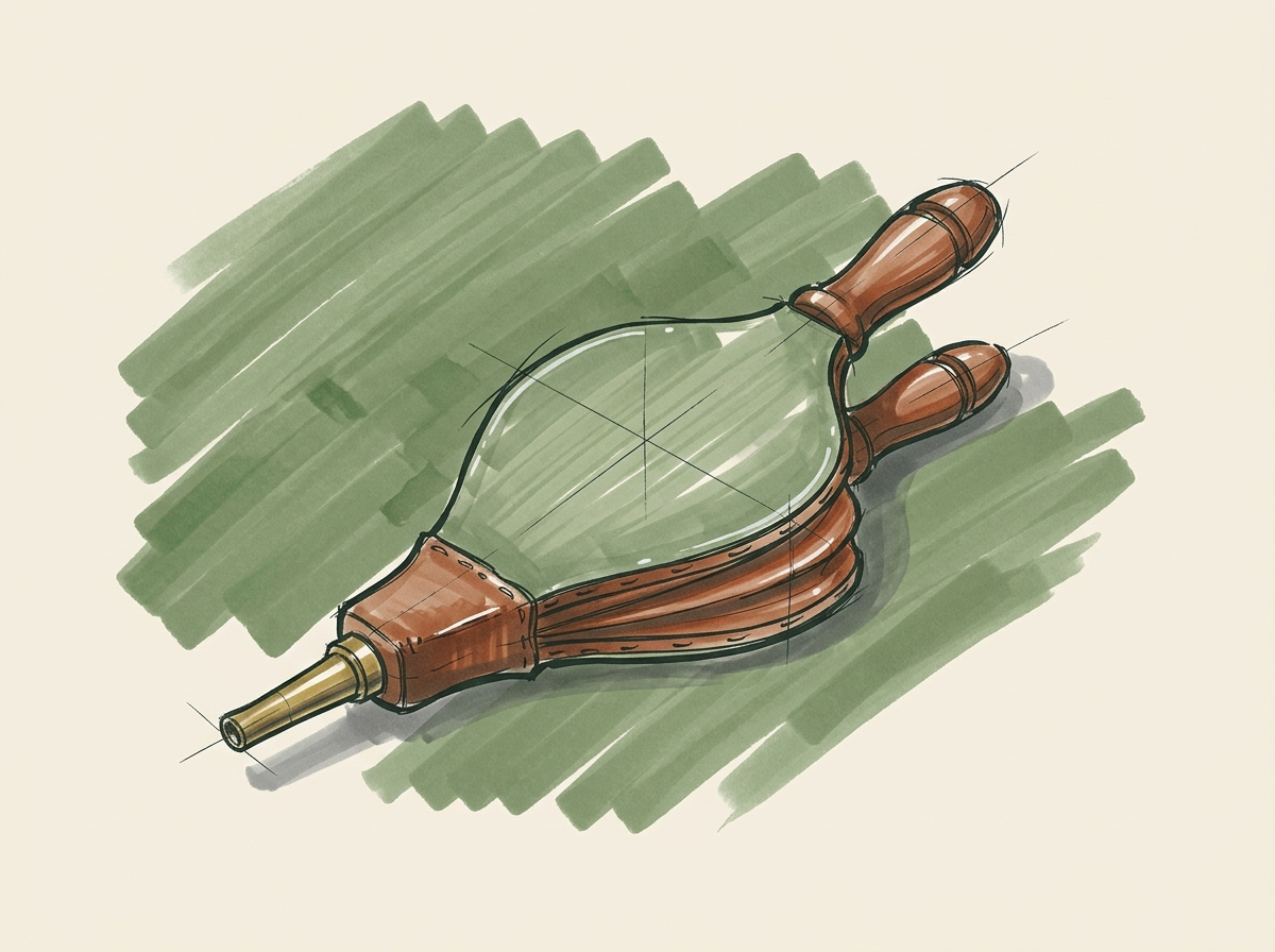 Marker drawing of a pair of fireplace bellows with wooden handles, for reviving past clients a firm already has