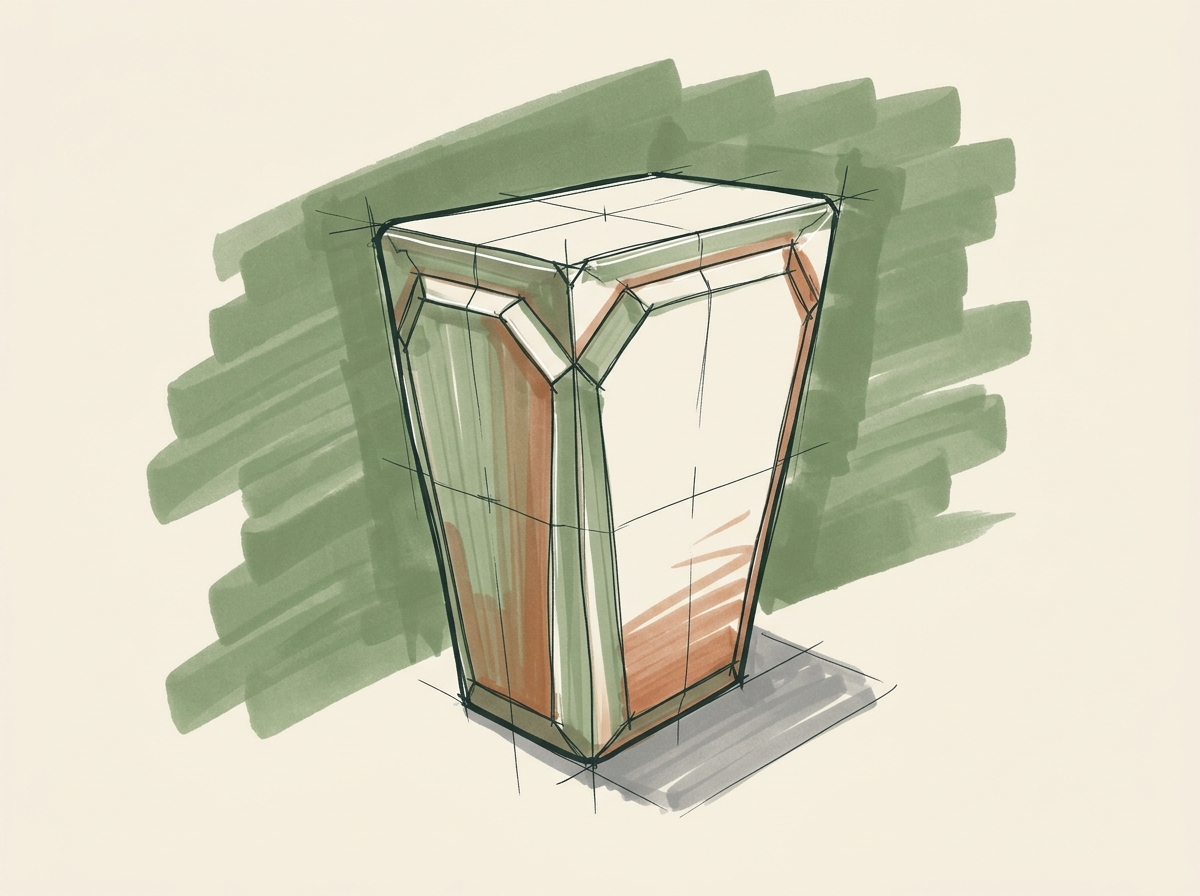 Marker drawing of a carved stone keystone, the block placed last in an arch, for paid ads built only after the system underneath is ready