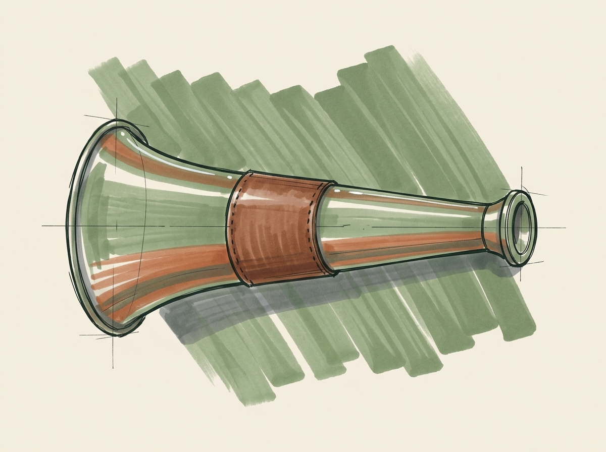 Marker drawing of a brass speaking trumpet with a leather grip, for paid reach that carries the firm message further
