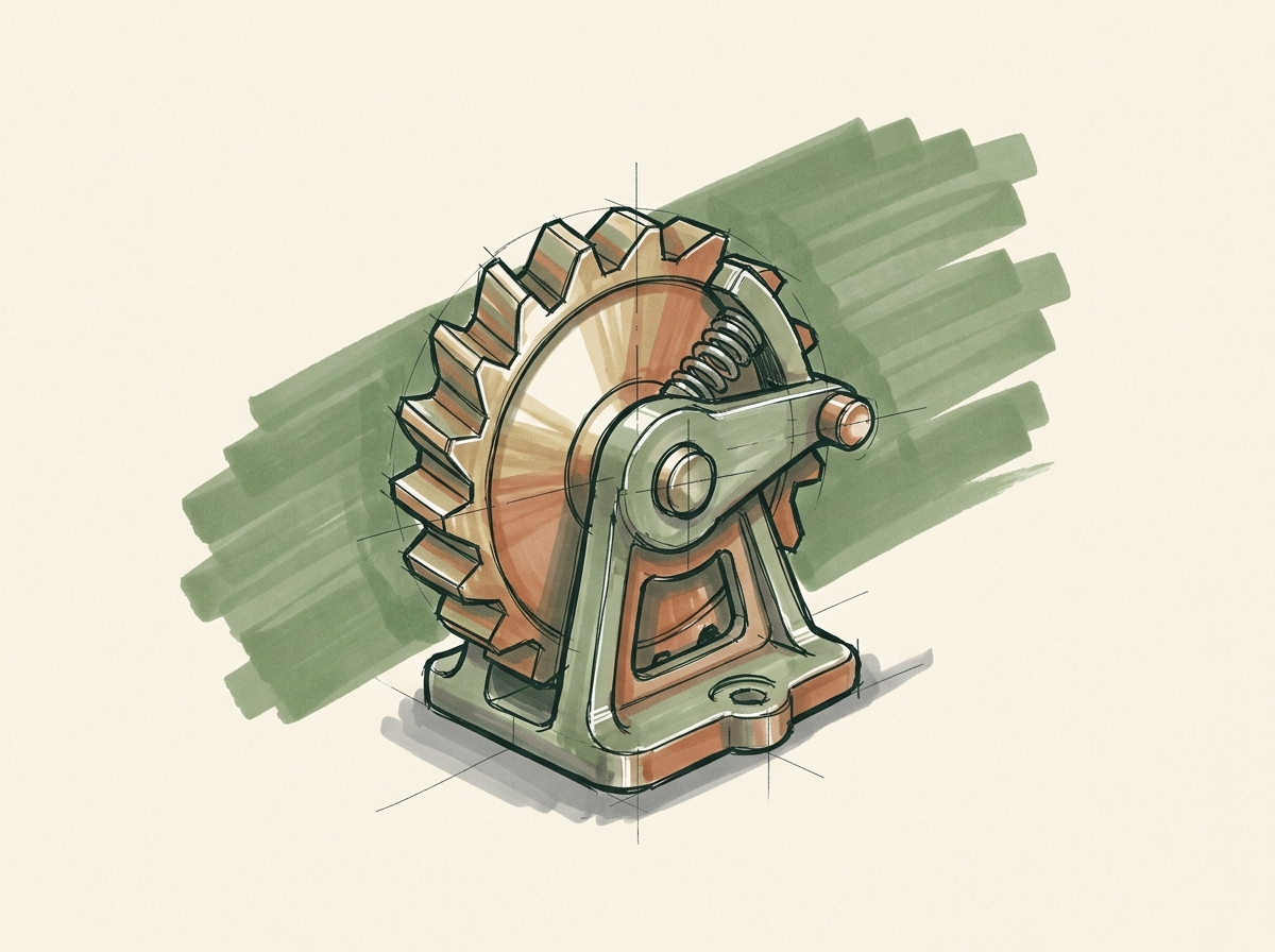 Marker drawing of a brass ratchet wheel held by its pawl, for a rating that moves forward one review at a time and does not slip back