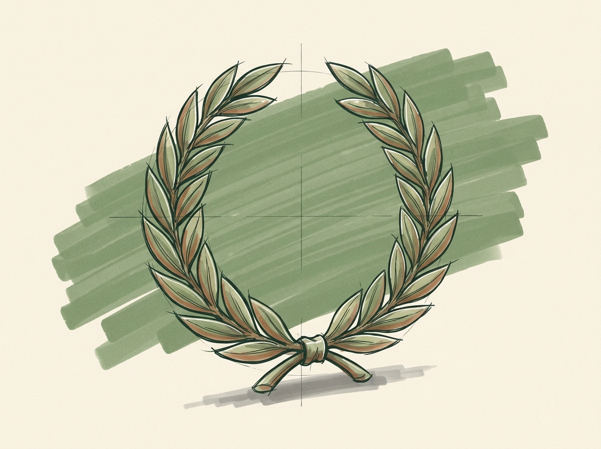 Marker drawing of a brass laurel wreath tied with a ribbon, for the earned recognition reviews build in every field