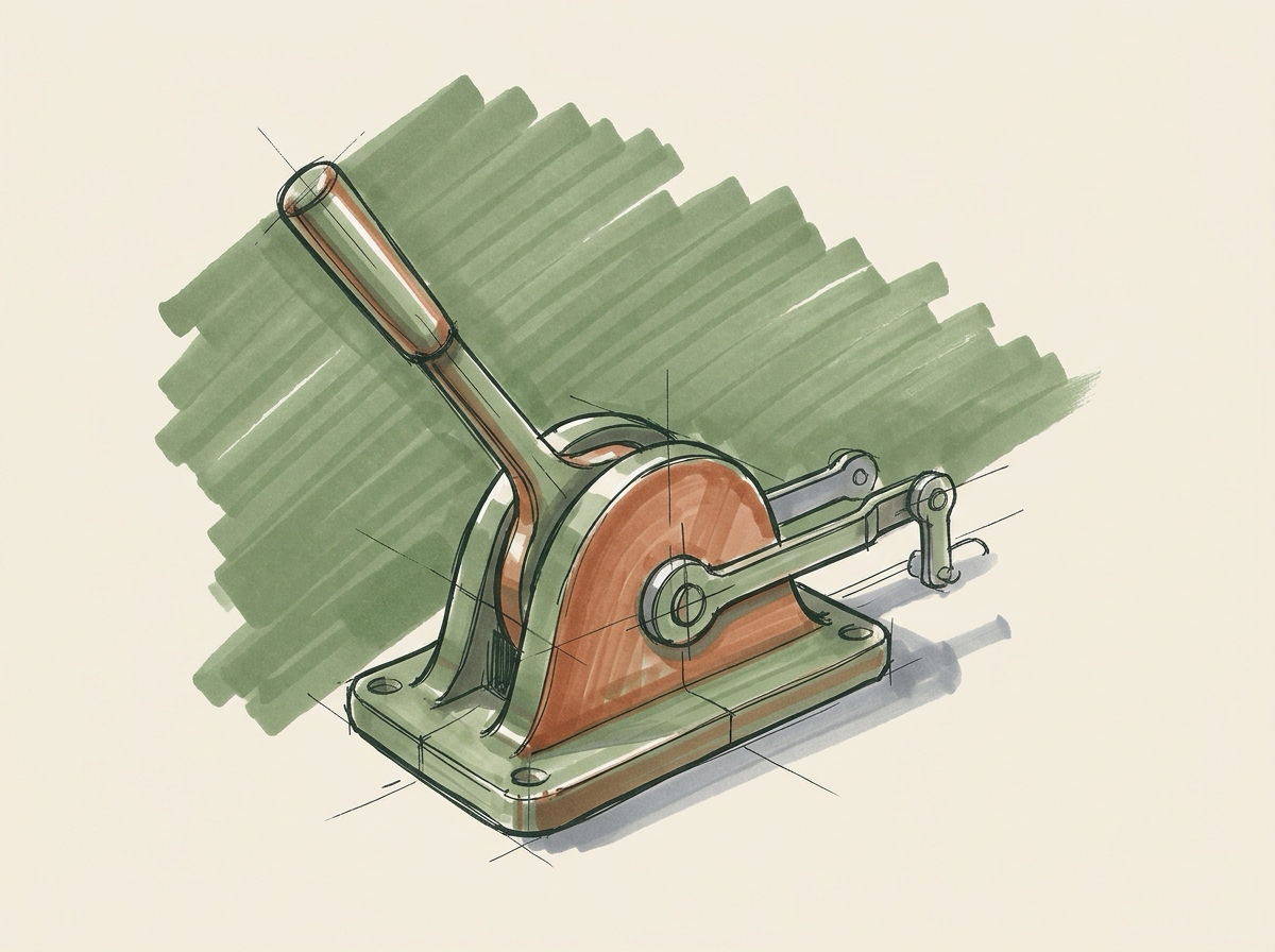 Marker sketch of a railway track-switch lever standing at rest, the single throw that sends every inbound lead down one track