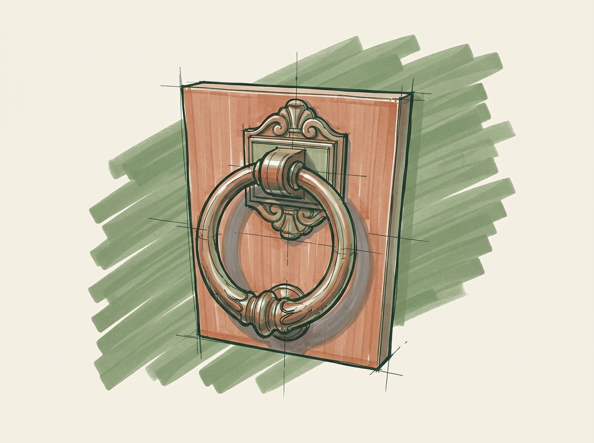 Marker drawing of a brass door knocker on a painted door panel, for an after-hours inquiry that still gets answered