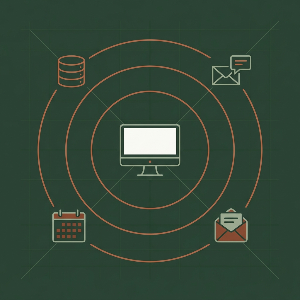 An integrated operating system with intake, CRM, and follow-up orbiting a central platform