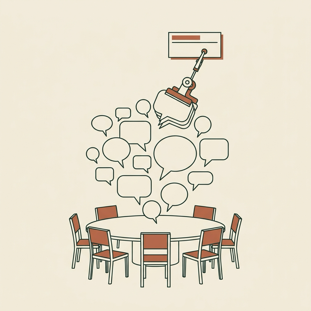 Speech bubbles rising from a round-table forum and lifted by a citation clip toward an answer card, showing reviews becoming a cited source