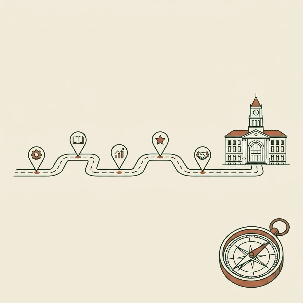 Line-art career road with five milestone markers leading to a firm building