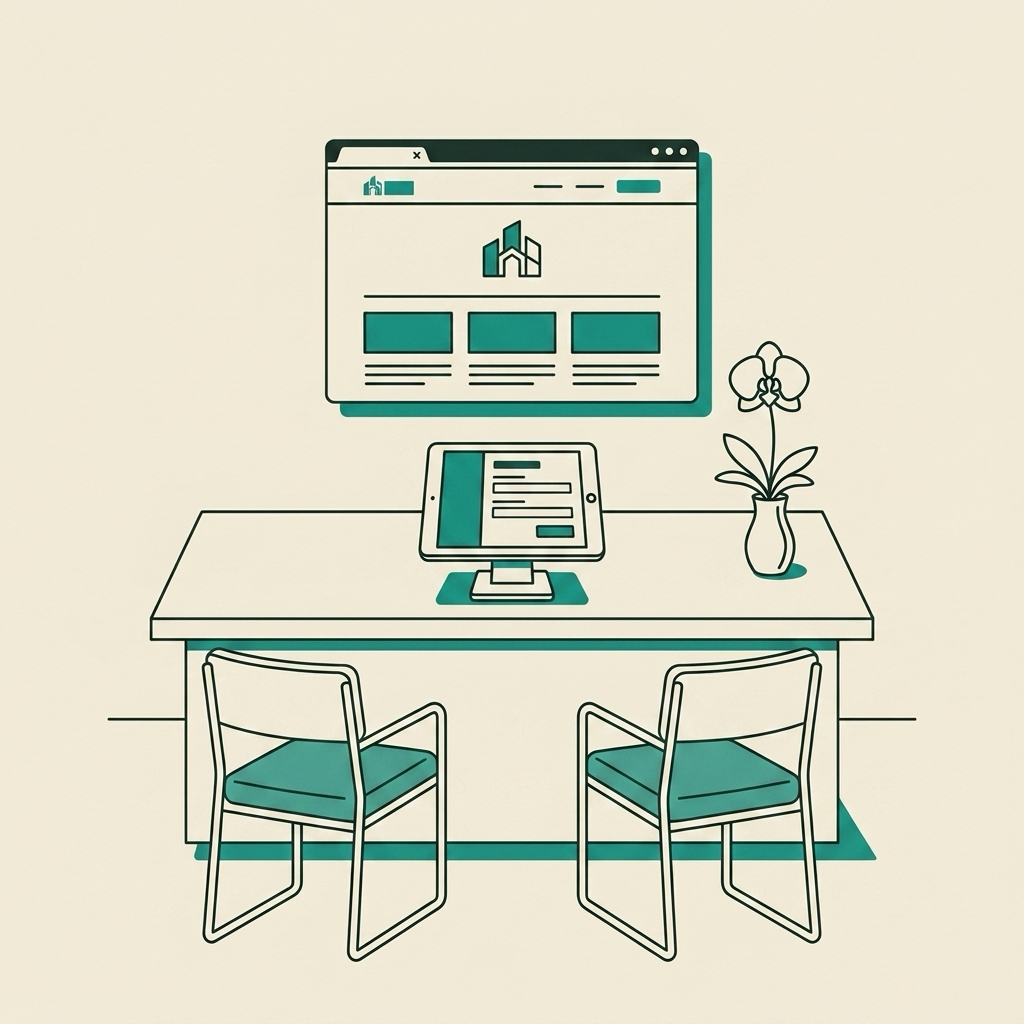 Line-art practice reception with a firm website open on a screen above a clean desk, the site doing the convincing before anyone speaks