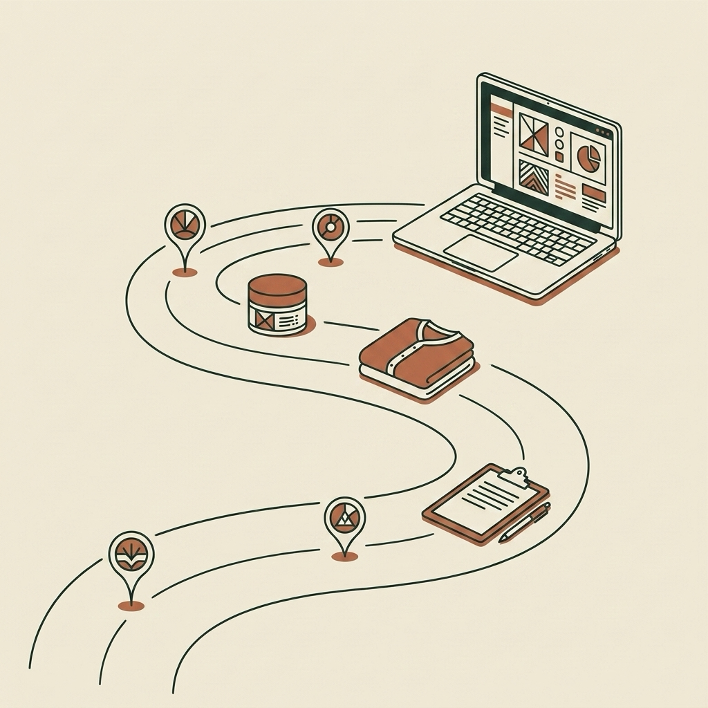 Winding path marked with pins leading past a folder and a notebook to a laptop, showing dormant contacts traced back into the pipeline