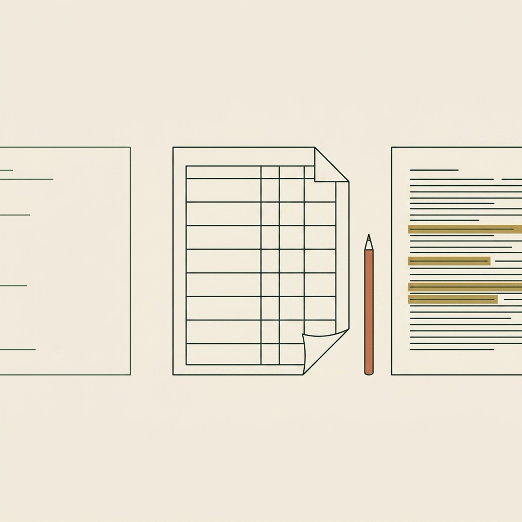 Blank page beside a ruled scoring sheet and a marked-up report with a pencil, showing performance measured rather than assumed