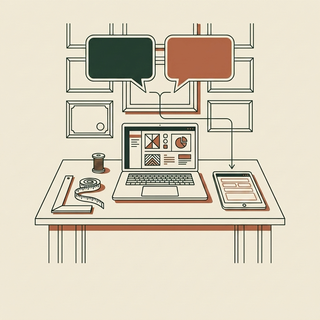 Two speech bubbles in different colors above a laptop and tablet on one desk, showing English and Spanish built as equals