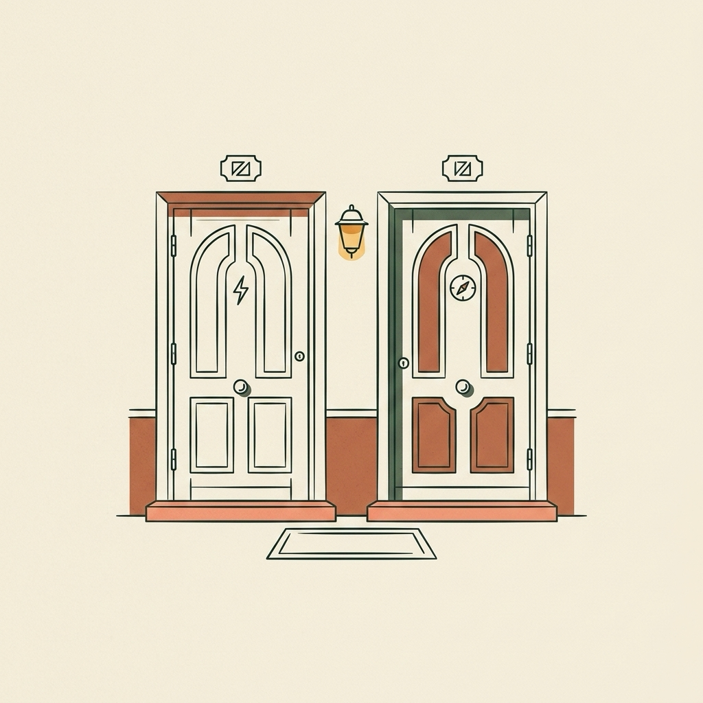 Line-art pair of doors side by side, one route for a live answer and one for the thread that keeps the conversation open